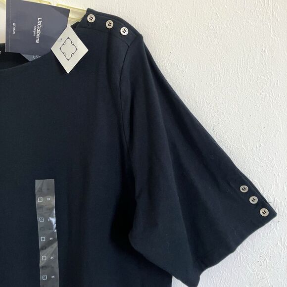 LIZ CLAIBORNE sz 3X Solid Black Cotton Stretch Short Sleeve Button Pullover Top - Picture 3 of 5